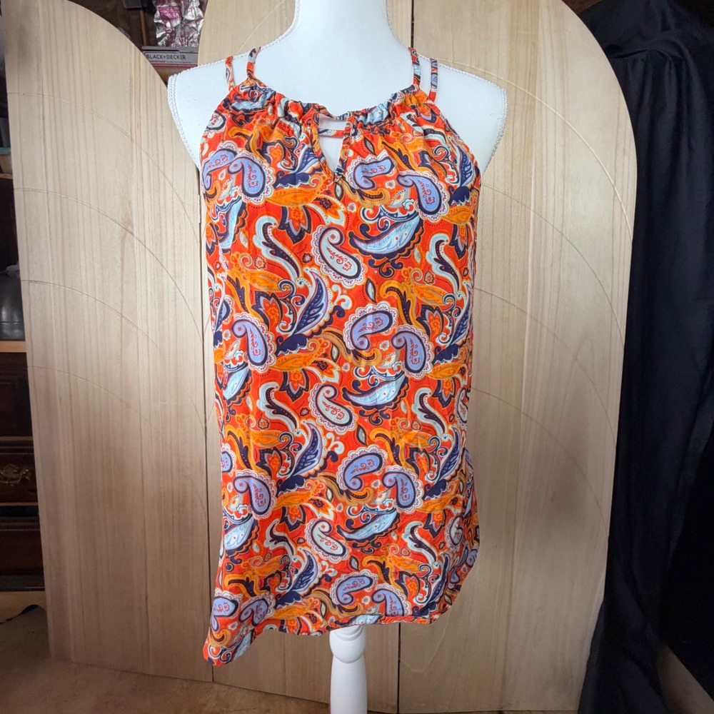 Market Spruce Halter Top Small Orange Paisley Strappy Keyhole Sleeveless Blouse